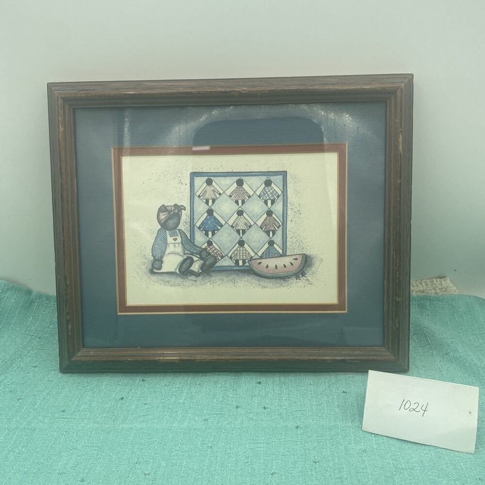 AMERICANA - DOLL w/QUILT FRAMED/MATTED PRINT 11 x 9.5” Signed By MB